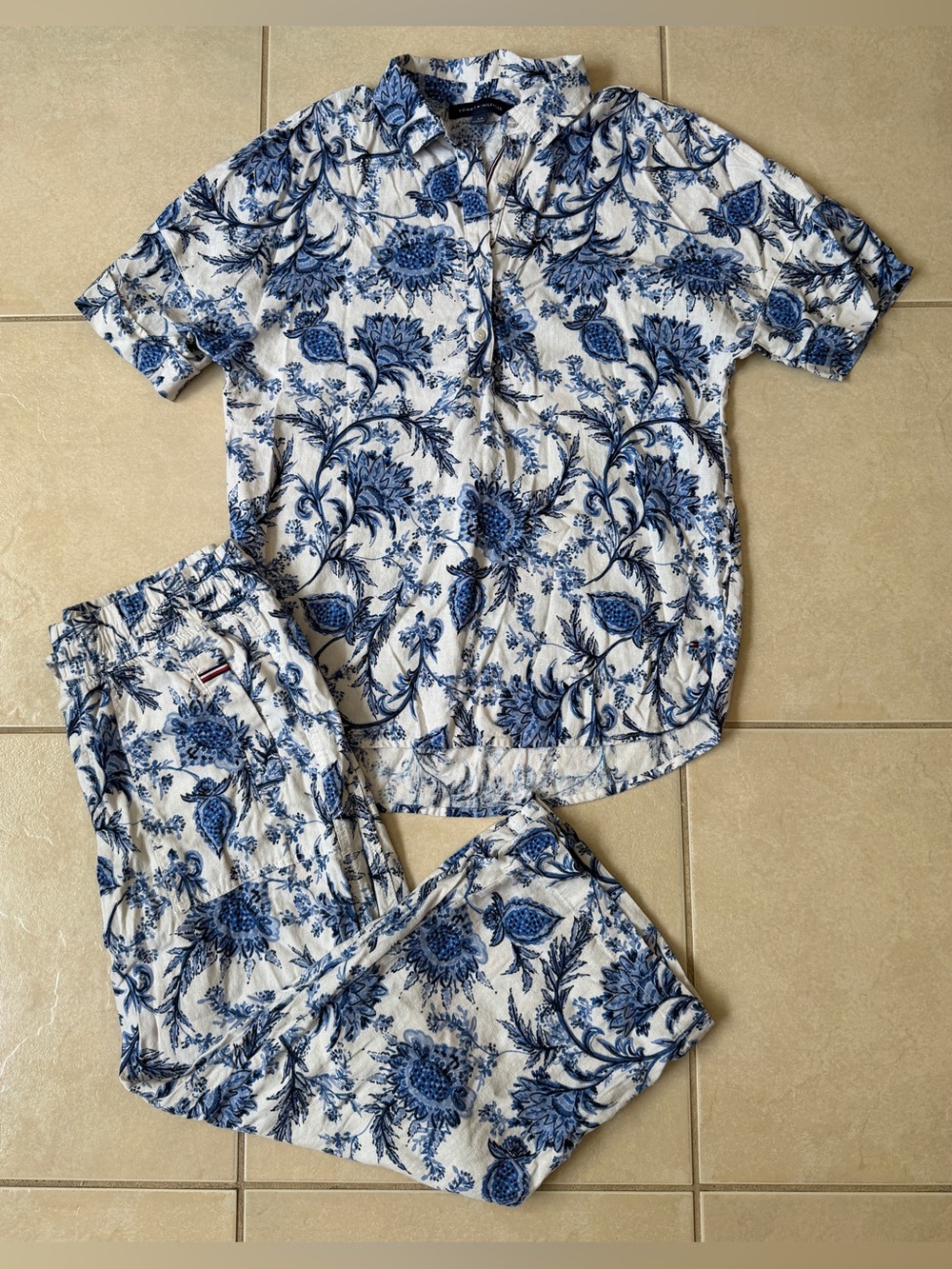 Tommy Hilfiger Linen Blend Floral Matching Set Top Pants Ibiza Blue White Size S